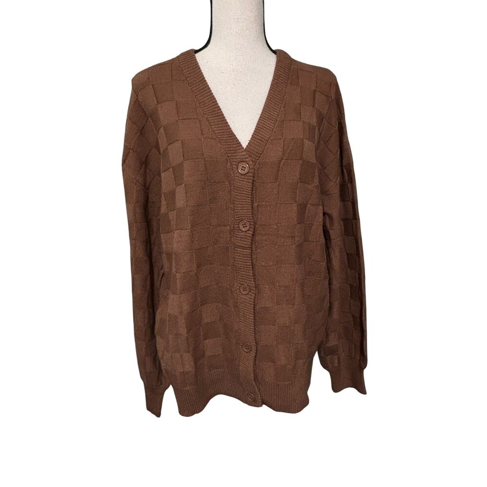 Brown Solid Checkerboard Design Cardigan Sweater Sz XL